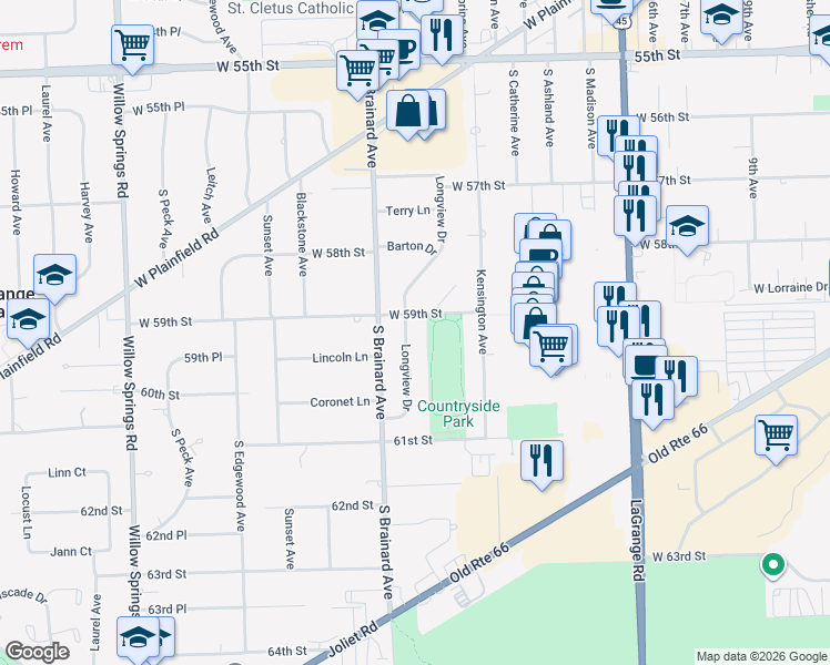 map of restaurants, bars, coffee shops, grocery stores, and more near 5909 Longview Drive in Countryside