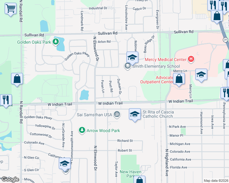 map of restaurants, bars, coffee shops, grocery stores, and more near 1257 Post Rd in Aurora