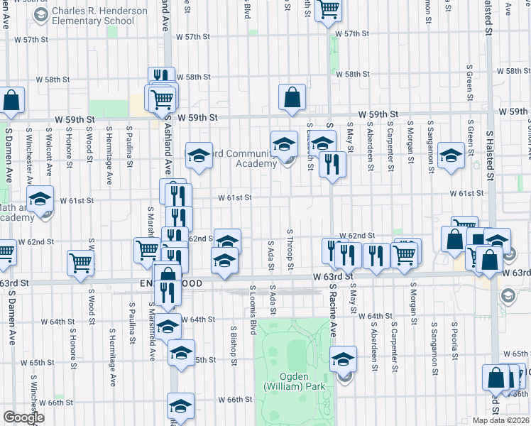 map of restaurants, bars, coffee shops, grocery stores, and more near 6122 South Ada Street in Chicago