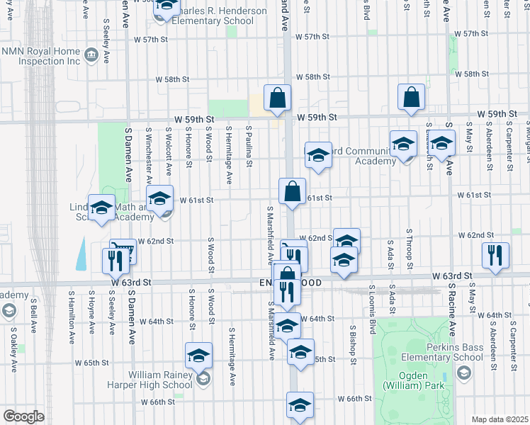 map of restaurants, bars, coffee shops, grocery stores, and more near 6118 South Marshfield Avenue in Chicago