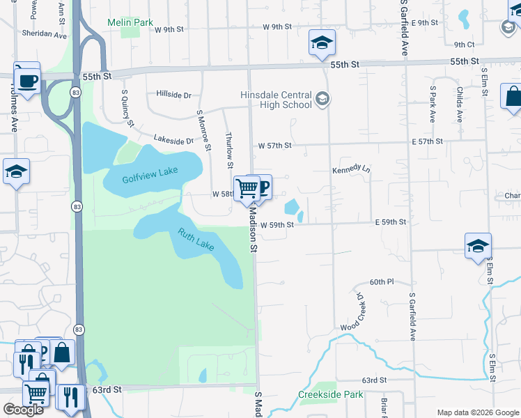 map of restaurants, bars, coffee shops, grocery stores, and more near 5819 South Madison Street in Hinsdale