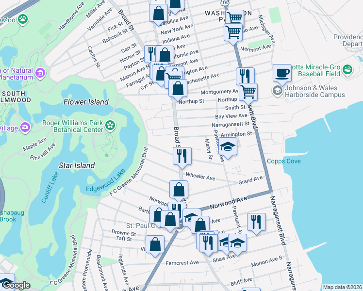 map of restaurants, bars, coffee shops, grocery stores, and more near in Cranston