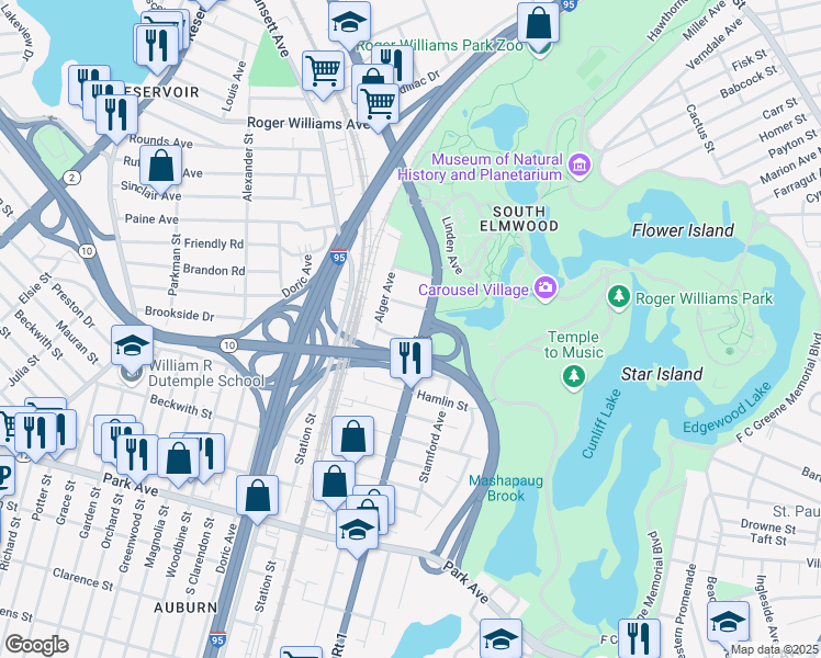 map of restaurants, bars, coffee shops, grocery stores, and more near 1081 Elmwood Avenue in Providence