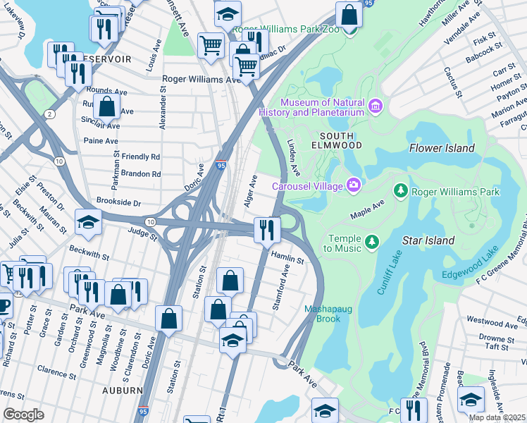 map of restaurants, bars, coffee shops, grocery stores, and more near 1081 Elmwood Avenue in Providence