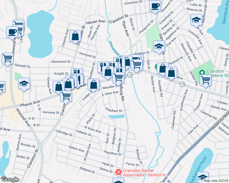 map of restaurants, bars, coffee shops, grocery stores, and more near 25 East View Avenue in Cranston