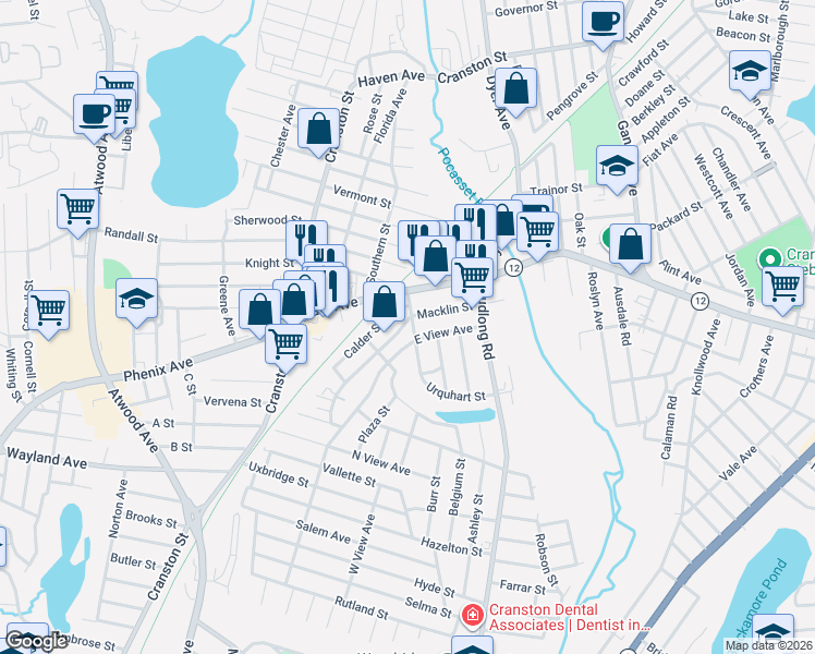 map of restaurants, bars, coffee shops, grocery stores, and more near 32 Palmer Avenue in Cranston