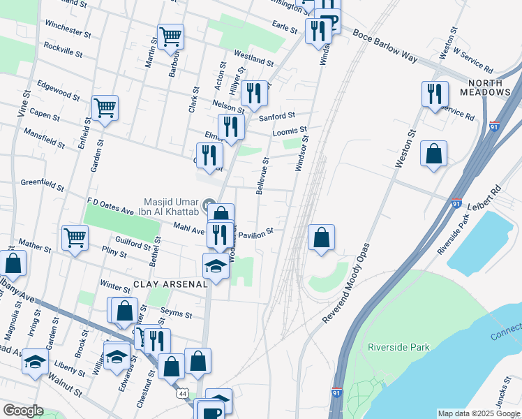 map of restaurants, bars, coffee shops, grocery stores, and more near 205 Bellevue Street in Hartford