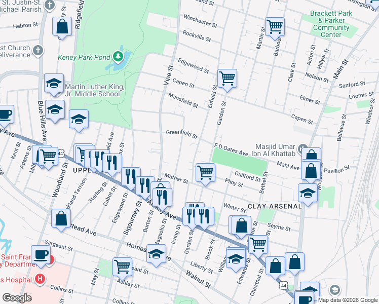 map of restaurants, bars, coffee shops, grocery stores, and more near 57 Enfield Street in Hartford