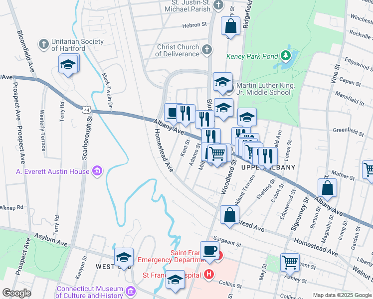 map of restaurants, bars, coffee shops, grocery stores, and more near 50 Kent Street in Hartford