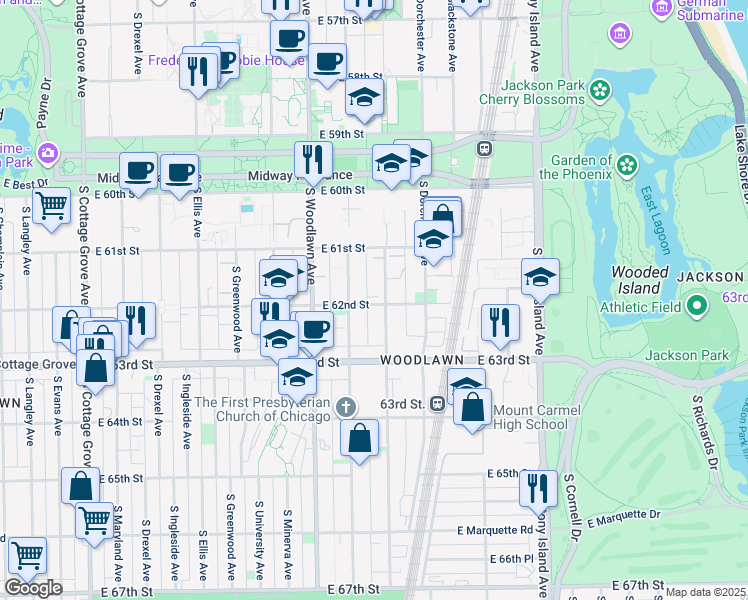map of restaurants, bars, coffee shops, grocery stores, and more near 1314 East 62nd Street in Chicago