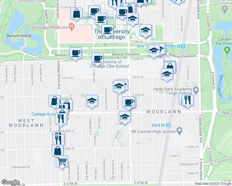 map of restaurants, bars, coffee shops, grocery stores, and more near 1126 East 62nd Street in Chicago