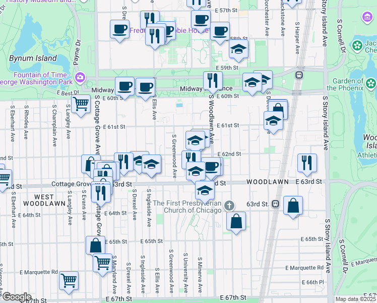 map of restaurants, bars, coffee shops, grocery stores, and more near 1126 East 62nd Street in Chicago