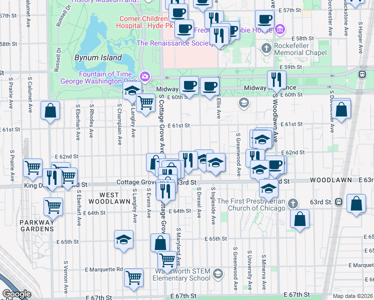 map of restaurants, bars, coffee shops, grocery stores, and more near 6140 South Drexel Avenue in Chicago