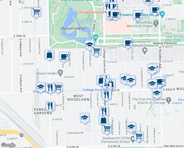 map of restaurants, bars, coffee shops, grocery stores, and more near 6154 South Evans Avenue in Chicago