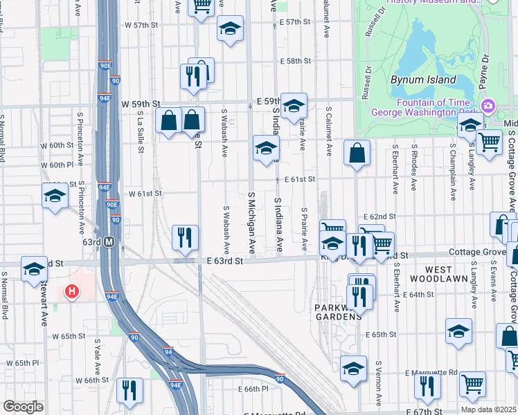 map of restaurants, bars, coffee shops, grocery stores, and more near 6140 South Indiana Avenue in Chicago