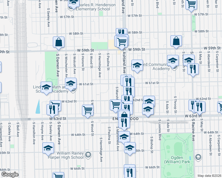 map of restaurants, bars, coffee shops, grocery stores, and more near 6118 South Marshfield Avenue in Chicago