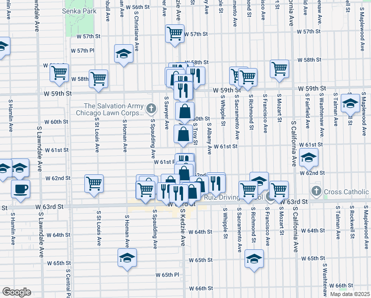 map of restaurants, bars, coffee shops, grocery stores, and more near 6104 South Kedzie Avenue in Chicago