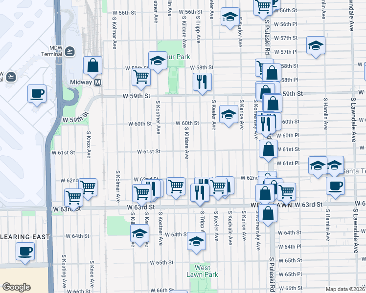map of restaurants, bars, coffee shops, grocery stores, and more near 6052 South Kildare Avenue in Chicago