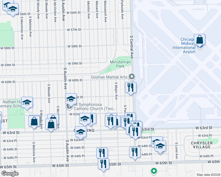 map of restaurants, bars, coffee shops, grocery stores, and more near 6035 South Massasoit Avenue in Chicago