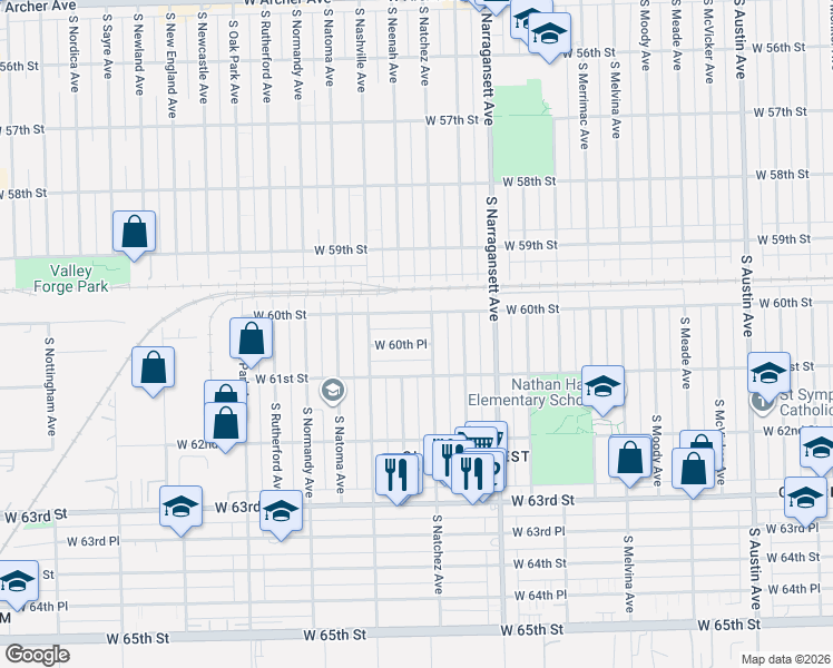 map of restaurants, bars, coffee shops, grocery stores, and more near 6512 West 60th Place in Chicago