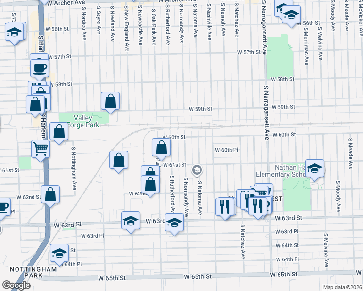 map of restaurants, bars, coffee shops, grocery stores, and more near 6018 South Normandy Avenue in Chicago