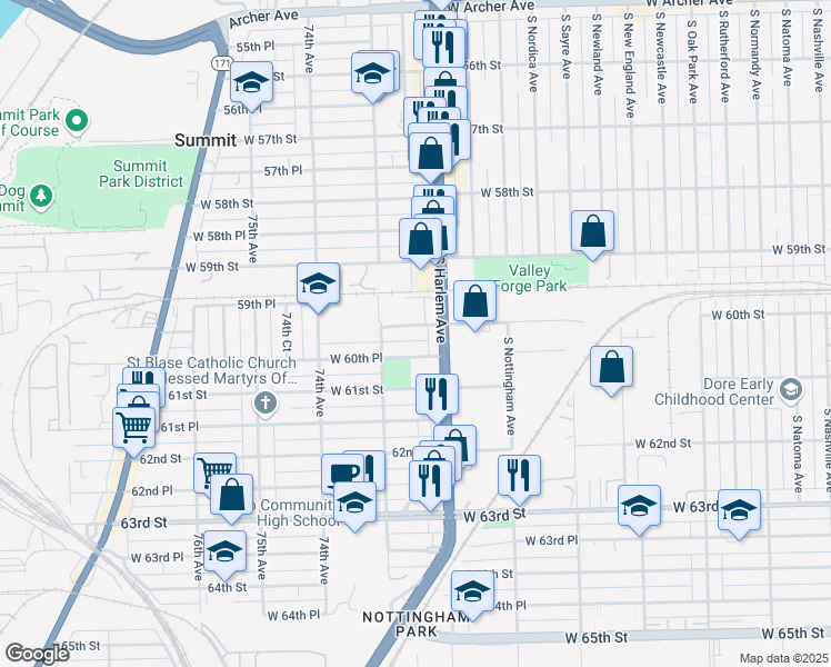 map of restaurants, bars, coffee shops, grocery stores, and more near 7227 West 60th Street in Summit