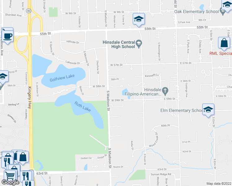 map of restaurants, bars, coffee shops, grocery stores, and more near 315 West 59th Street in Hinsdale