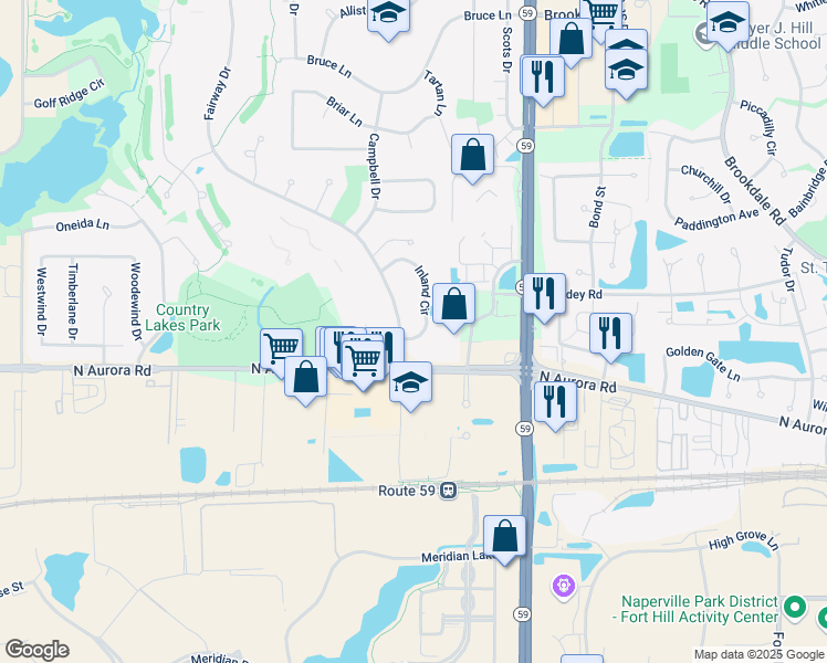 map of restaurants, bars, coffee shops, grocery stores, and more near 705 Fairway Drive in Naperville
