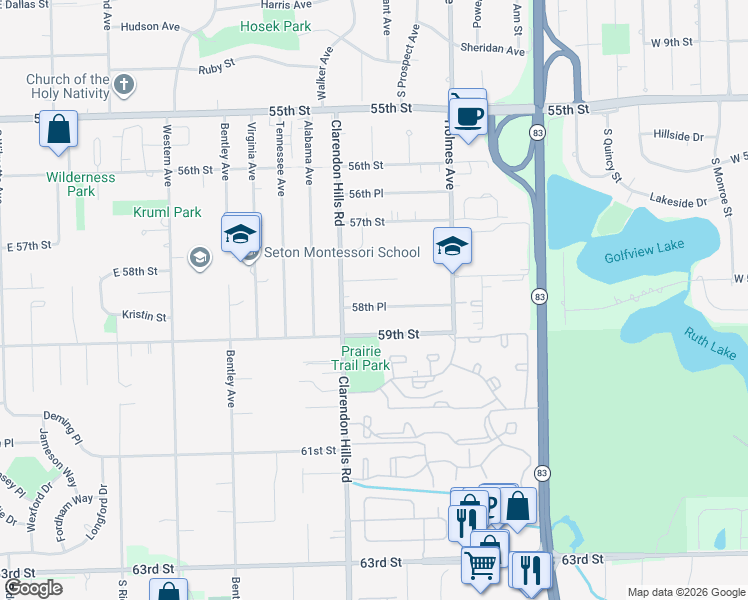 map of restaurants, bars, coffee shops, grocery stores, and more near 222 58th Place in Clarendon Hills