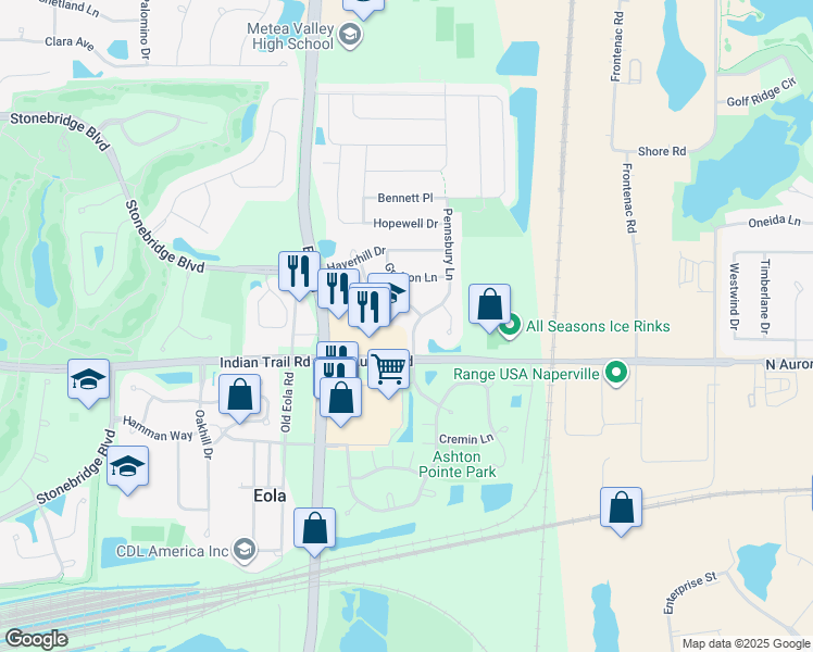 map of restaurants, bars, coffee shops, grocery stores, and more near 1225 Pennsbury Lane in Aurora