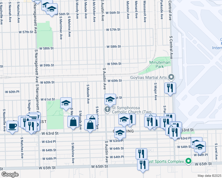 map of restaurants, bars, coffee shops, grocery stores, and more near 6028 South Mason Avenue in Chicago