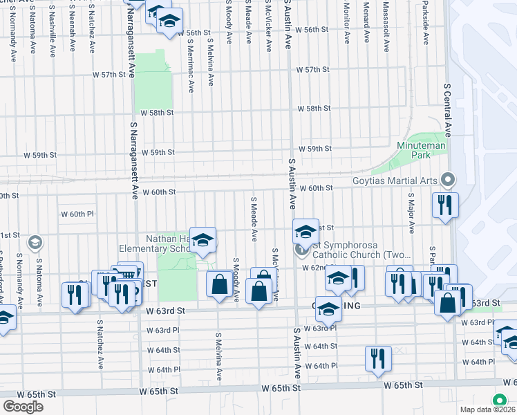 map of restaurants, bars, coffee shops, grocery stores, and more near 6027 South Meade Avenue in Chicago