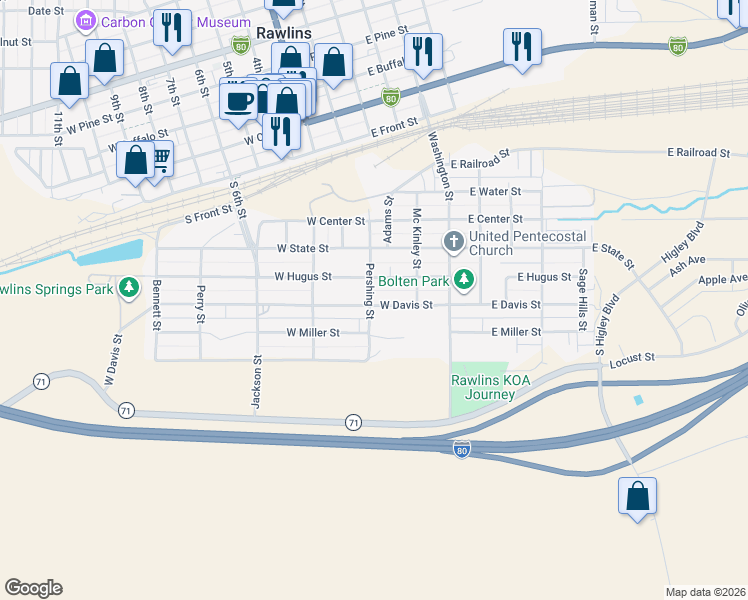 map of restaurants, bars, coffee shops, grocery stores, and more near 401 West Davis Street in Rawlins