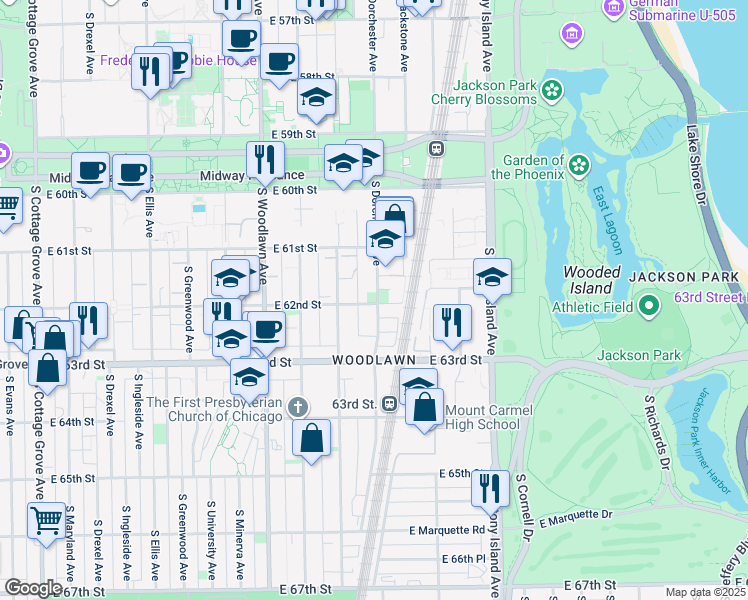 map of restaurants, bars, coffee shops, grocery stores, and more near 6156 South Dorchester Avenue in Chicago