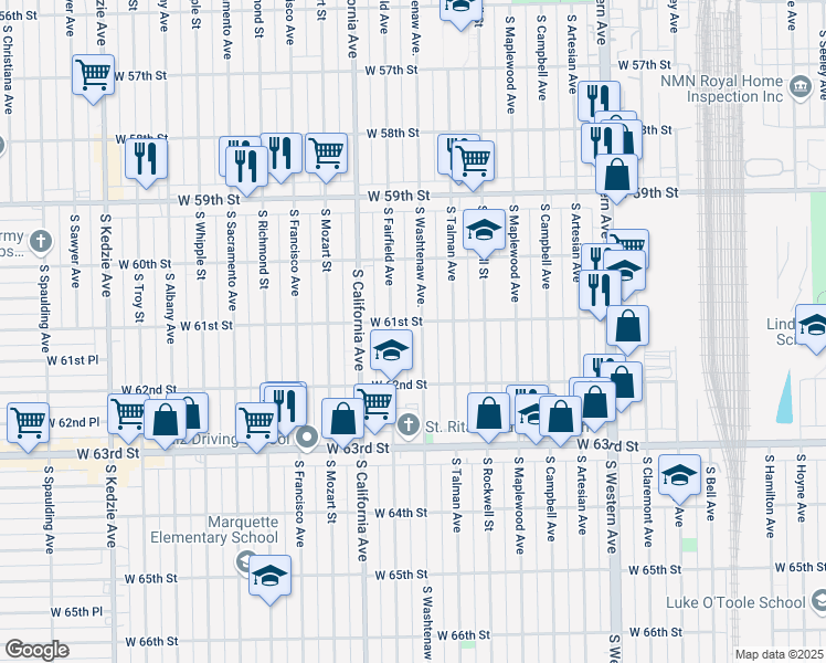 map of restaurants, bars, coffee shops, grocery stores, and more near 6106 South Washtenaw Avenue in Chicago