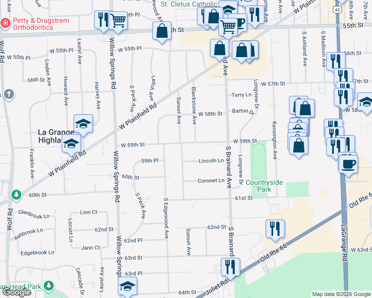 map of restaurants, bars, coffee shops, grocery stores, and more near 5907 Sunset Avenue in La Grange Highlands