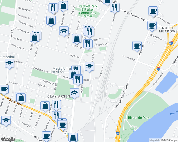 map of restaurants, bars, coffee shops, grocery stores, and more near 205 Bellevue Street in Hartford