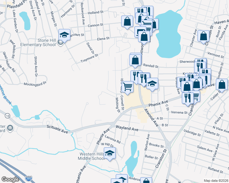 map of restaurants, bars, coffee shops, grocery stores, and more near 187 Whiting St in Cranston