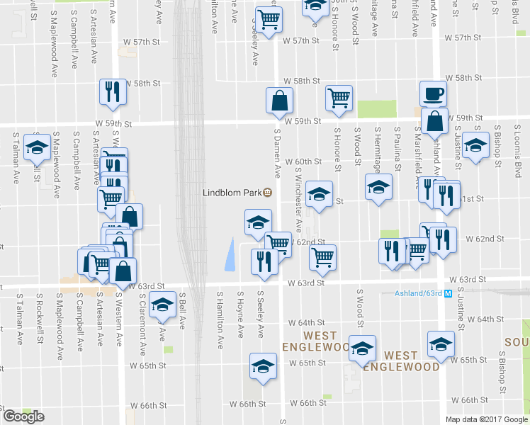 map of restaurants, bars, coffee shops, grocery stores, and more near 6127 South Damen Avenue in Chicago