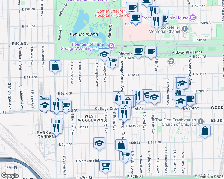 map of restaurants, bars, coffee shops, grocery stores, and more near 6154 South Evans Avenue in Chicago