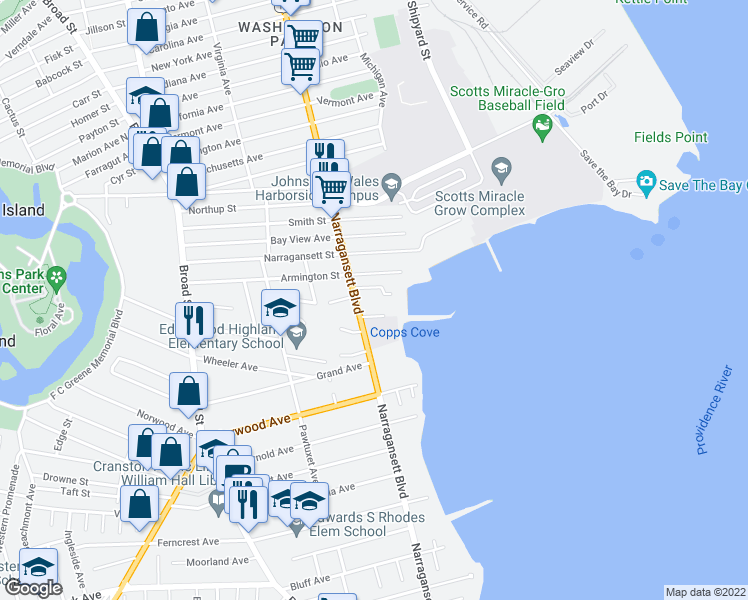 map of restaurants, bars, coffee shops, grocery stores, and more near 1128 Narragansett Boulevard in Cranston