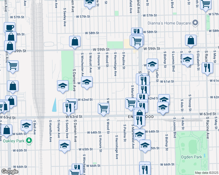 map of restaurants, bars, coffee shops, grocery stores, and more near 6117 South Wood Street in Chicago