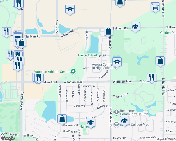 map of restaurants, bars, coffee shops, grocery stores, and more near 1205 Foxcroft Drive in Aurora
