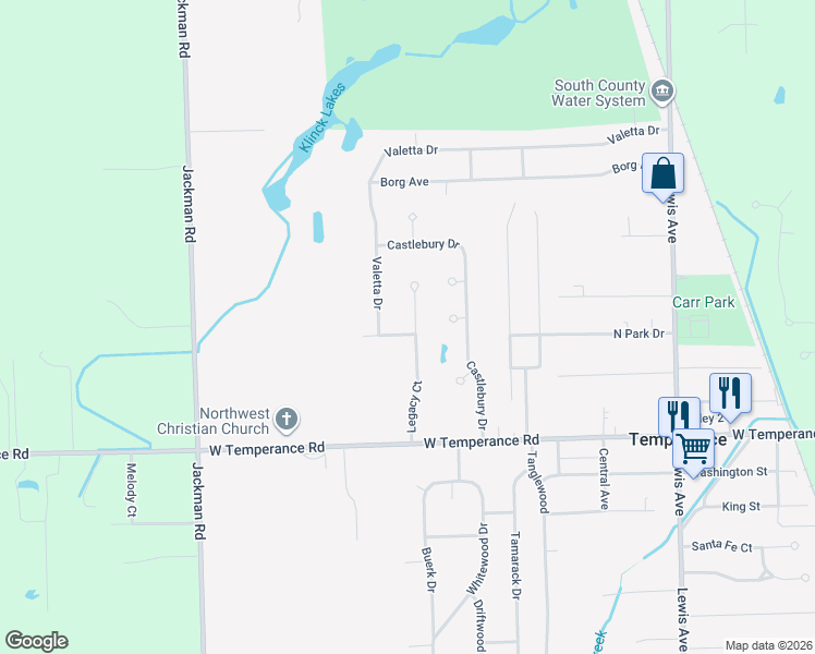 map of restaurants, bars, coffee shops, grocery stores, and more near 9177 Legacy Court in Temperance