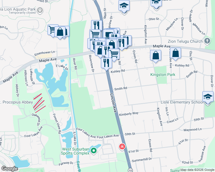 map of restaurants, bars, coffee shops, grocery stores, and more near 5618 Main Street in Downers Grove