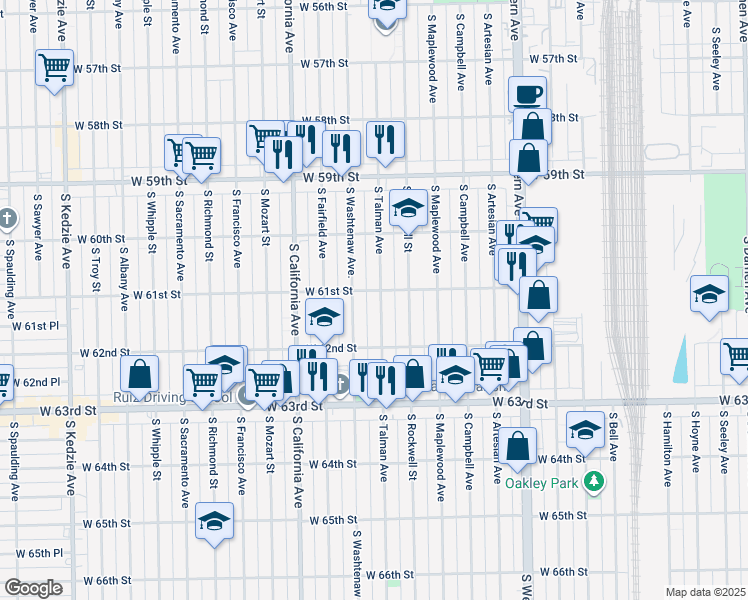 map of restaurants, bars, coffee shops, grocery stores, and more near 6106 South Talman Avenue in Chicago