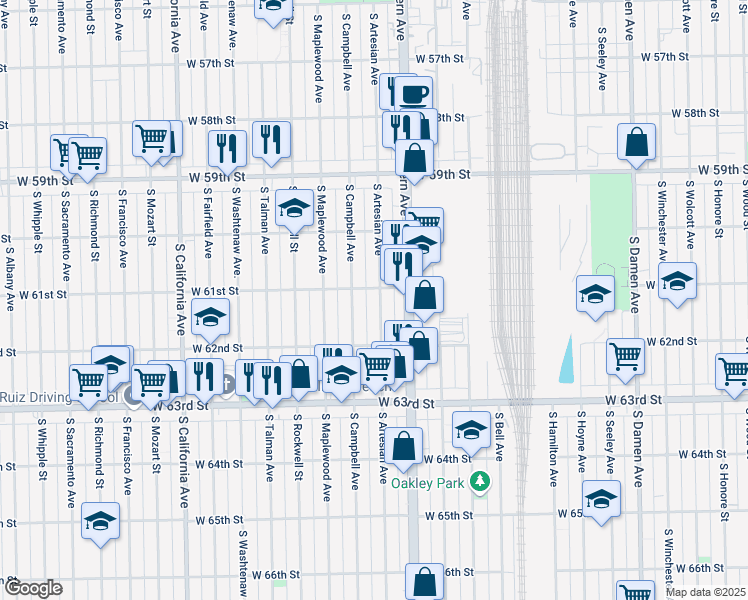 map of restaurants, bars, coffee shops, grocery stores, and more near 6110 South Artesian Avenue in Chicago