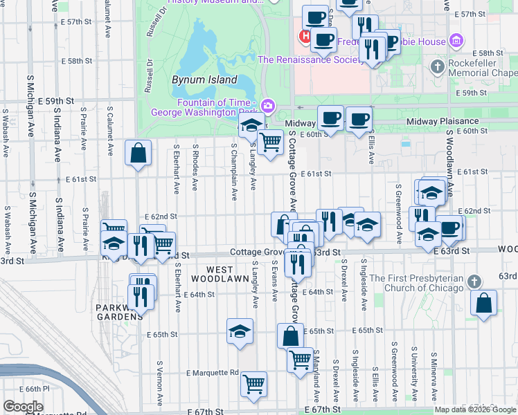map of restaurants, bars, coffee shops, grocery stores, and more near 6154 South Evans Avenue in Chicago