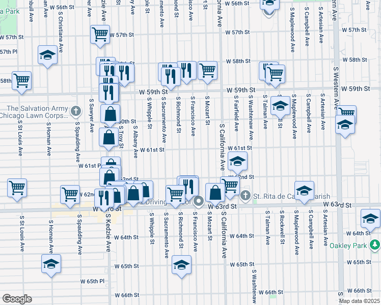 map of restaurants, bars, coffee shops, grocery stores, and more near 6104 South Francisco Avenue in Chicago