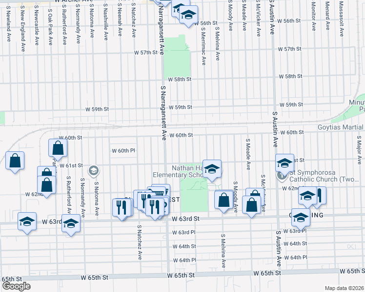 map of restaurants, bars, coffee shops, grocery stores, and more near 6023 South Mulligan Avenue in Chicago